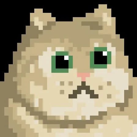 Pixel art of the heavy breathing cat meme: a round, cream-coloured cat staring straight out with wide green eyes