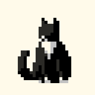 A pixel-art tuxedo cat, sitting upright and flicking its tail